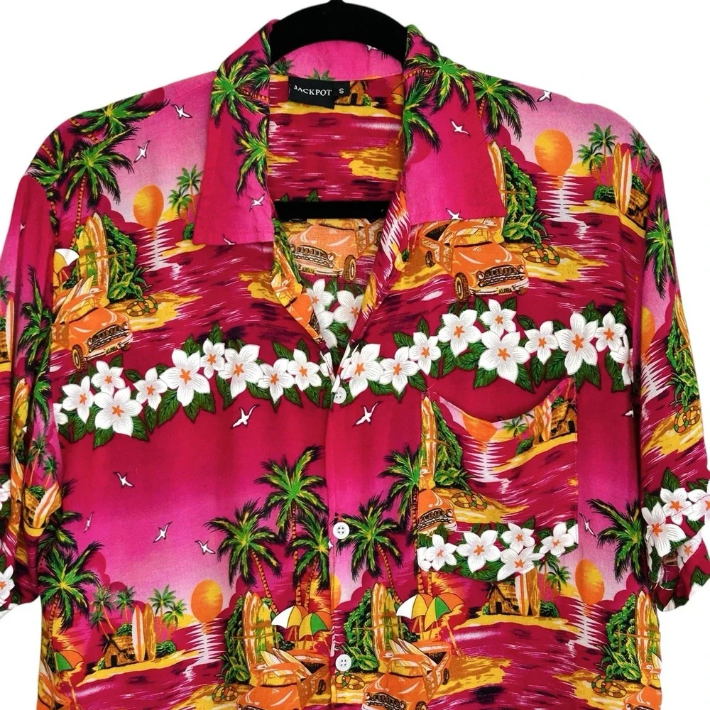 Vintage Jackpot Hawaiian Shirt Men Small Pink Floral Tropical Luau Tiki Vacation